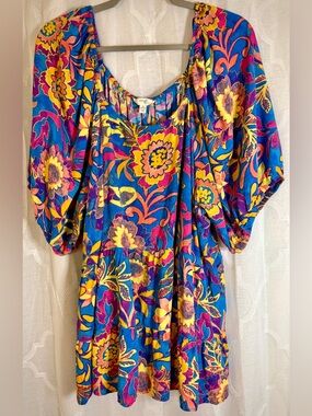 Terra & Sky Floral Boho Blouse Size 3X Colorful Peasant Top Flowy Plus Size